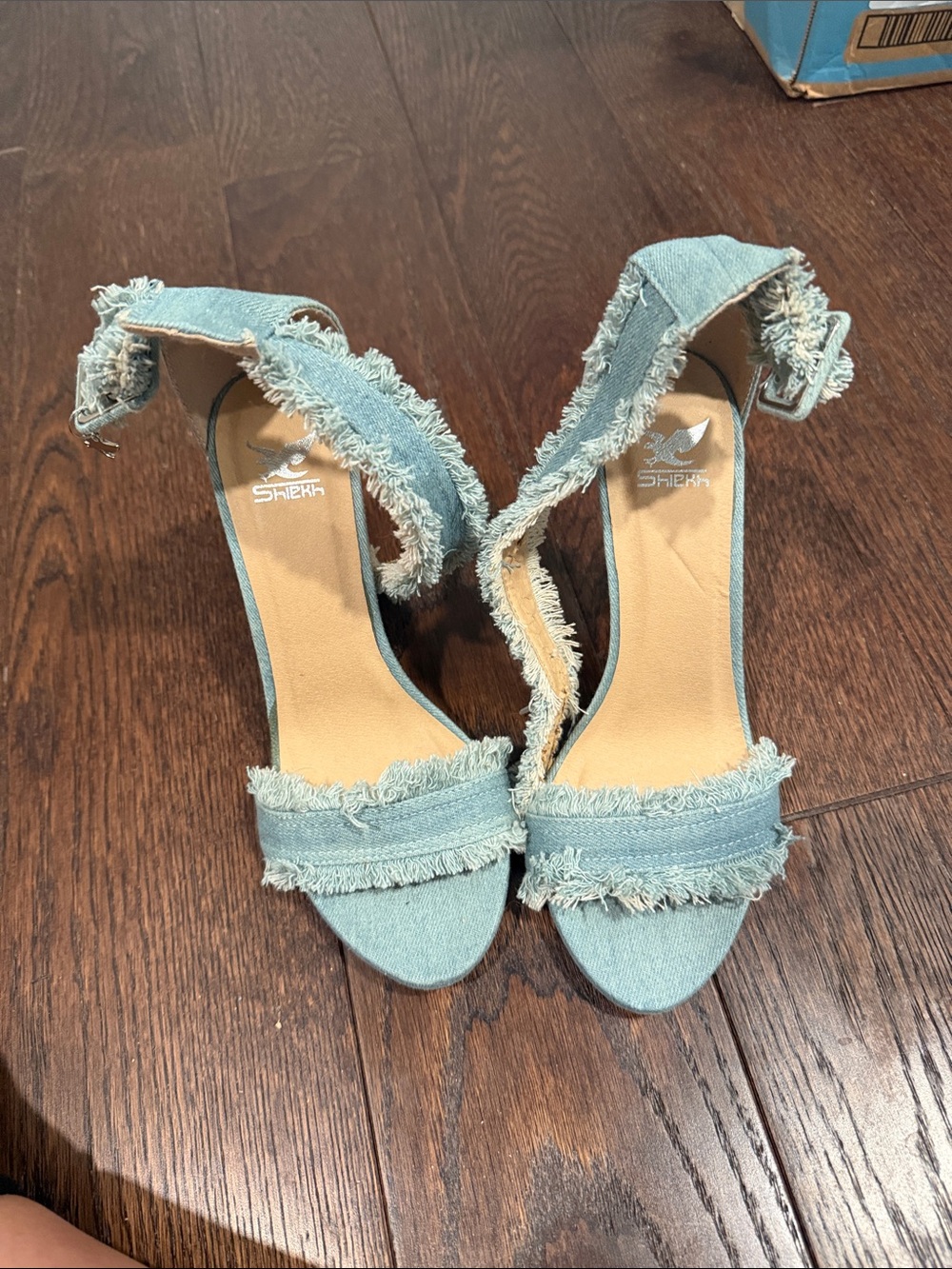 Shiekh Light Blue Frayed Denim Ankle-Strap Heels